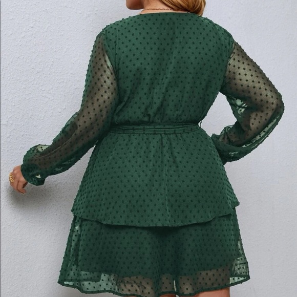 Blue plus size bishop sleeve ruffle hem belted mini dress - Picture 14 of 16